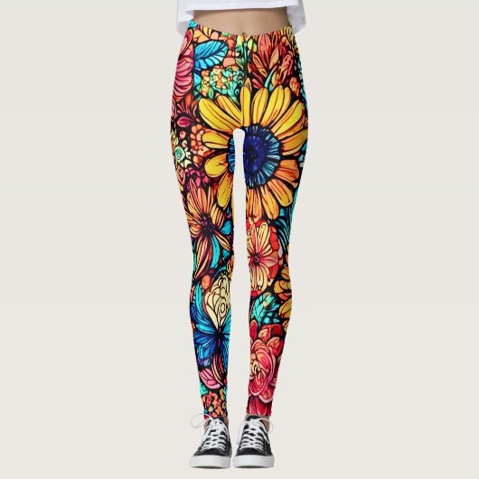 Levendige Floral Doodle Explosion Leggings (Voorkant)