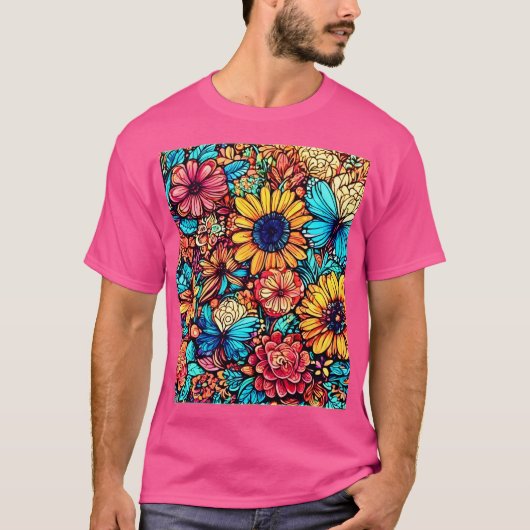 Levendige Floral Doodle Explosion T-shirt (Voorkant)