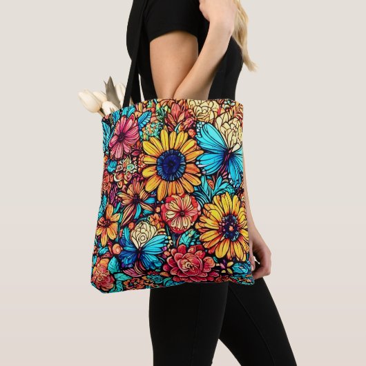 Levendige Floral Doodle Explosion Tote Bag (Dichtbij)