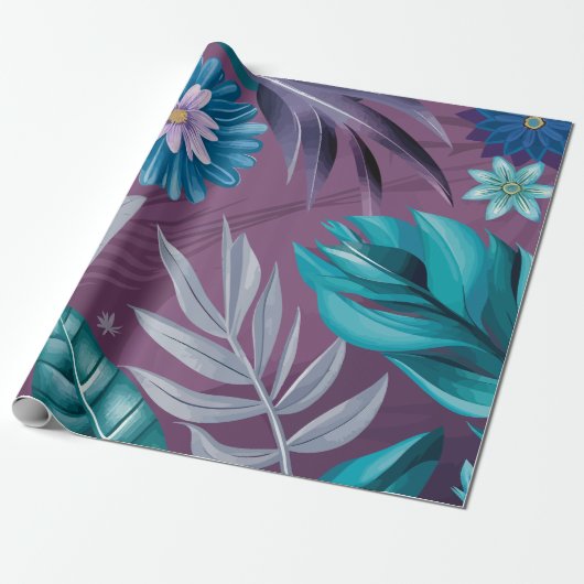 Levendige Floral Fantasy op Deep Paarse Canvas Cadeaupapier (Uitgerold)