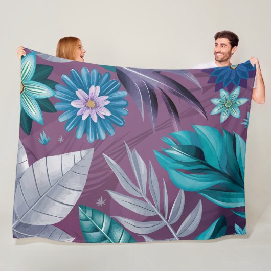 Levendige Floral Fantasy op Deep Paarse Canvas Fleece Deken (In situ)