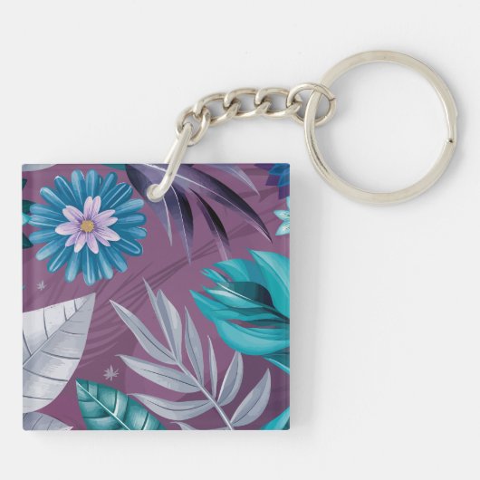 Levendige Floral Fantasy op Deep Paarse Canvas Sleutelhanger (Achterkant)