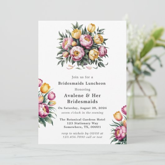 Levendige Floral Harmony Bruidsmeisjes Luncheon Kaart (Staand voorkant)