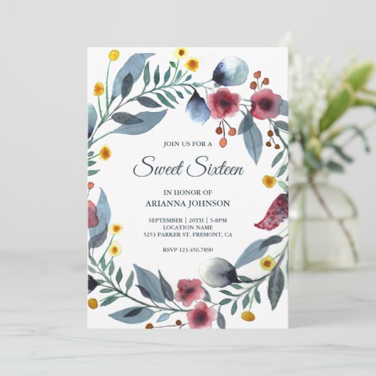 Levendige Floral Krans 16e Verjaardag Sweet Sixtee Kaart (Staand voorkant)