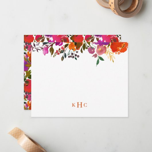 Levendige Floral Monogrammed Stationery Note Kaart Notitiekaartje (Voorkant / Achterkant in situ)