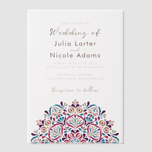 Levendige Floral Parfum Delight Mandala bruiloft Vellum Uitnodigingen (Voorkant)