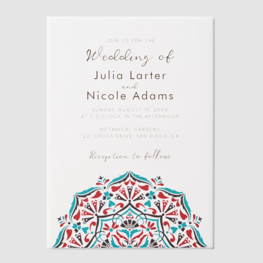 Levendige Floral Parfum Delight Mandala bruiloft Vellum Uitnodigingen (Voorkant)