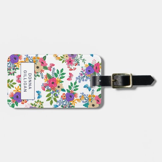 Levendige Floral Pattern White Achtergrond Bagagelabel (Voorkant horizontaal)