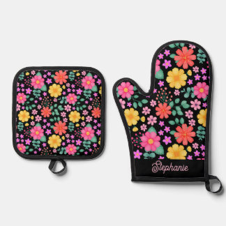 Levendige Floral Roze Sinaasappel Gepersonaliseerd Ovenwant & Pannenlap Set