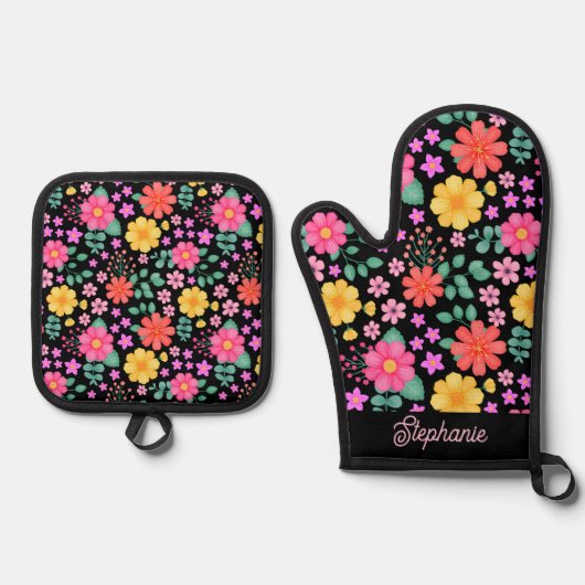Levendige Floral Roze Sinaasappel Gepersonaliseerd Ovenwant & Pannenlap Set (Voorkant)