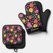 Levendige Floral Roze Sinaasappel Gepersonaliseerd Ovenwant & Pannenlap Set (Voorkant / Achterkant)
