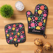 Levendige Floral Roze Sinaasappel Gepersonaliseerd Ovenwant & Pannenlap Set (Top down)