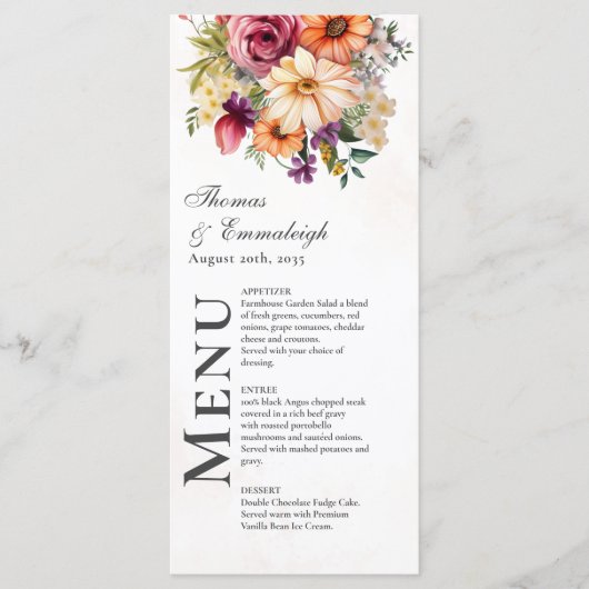 Levendige Floral Waterverf bruiloft Menu (Voorkant)