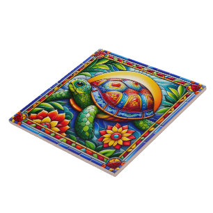Levendige Floral Zee Turtle Mosaic Tegeltje