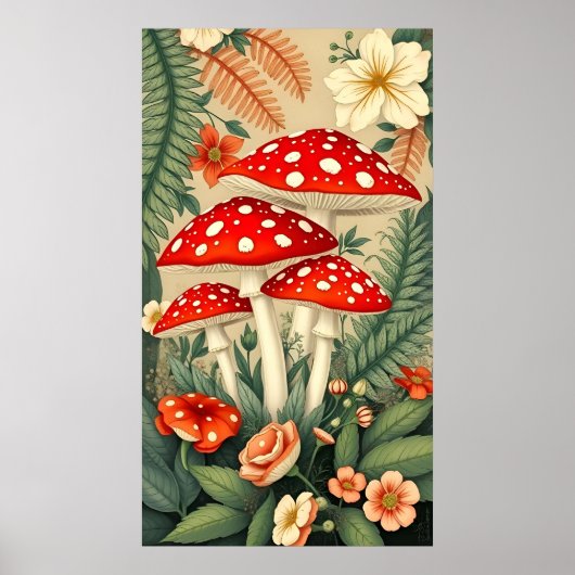 Levendige Fly Agaric Champignons Elegante Botanica Poster (Voorkant)