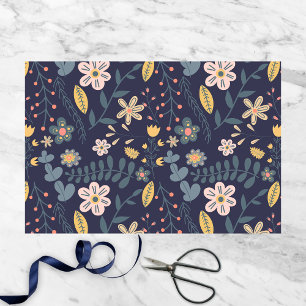 Levendige Folk Art Bloemen en Bladeren op Navy Blu Tissuepapier