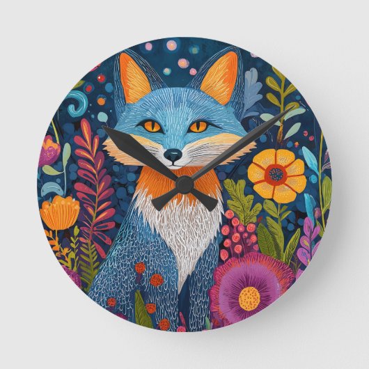 Levendige Fox Dot Art te midden van weelderige flo Ronde Klok (Voorkant)