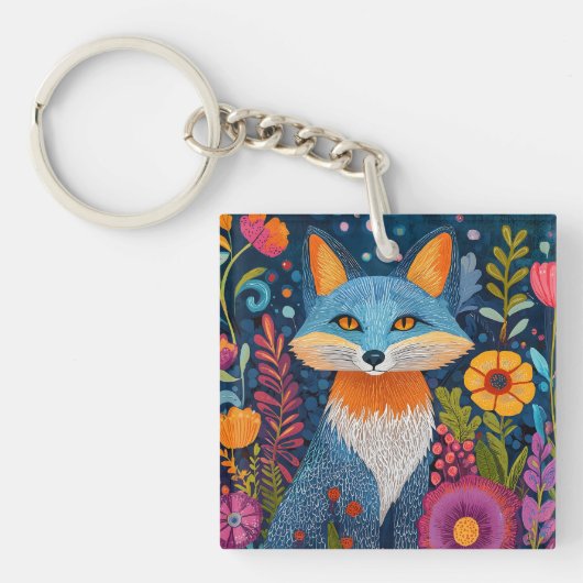 Levendige Fox Dot Art te midden van weelderige flo Sleutelhanger (voorkant)