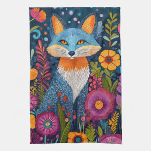 Levendige Fox Dot Art te midden van weelderige flo Theedoek