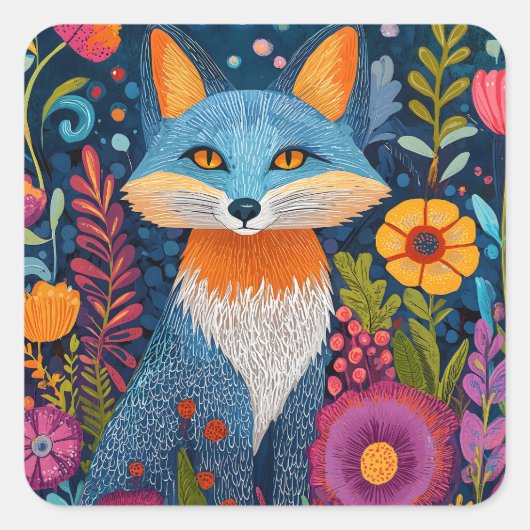 Levendige Fox Dot Art te midden van weelderige flo Vierkante Sticker (Voorkant)