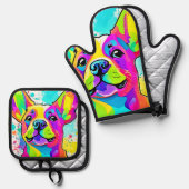 Levendige Franse Bulldog Puppy Art Ovenwant & Pannenlap Set (Voorkant / Achterkant)