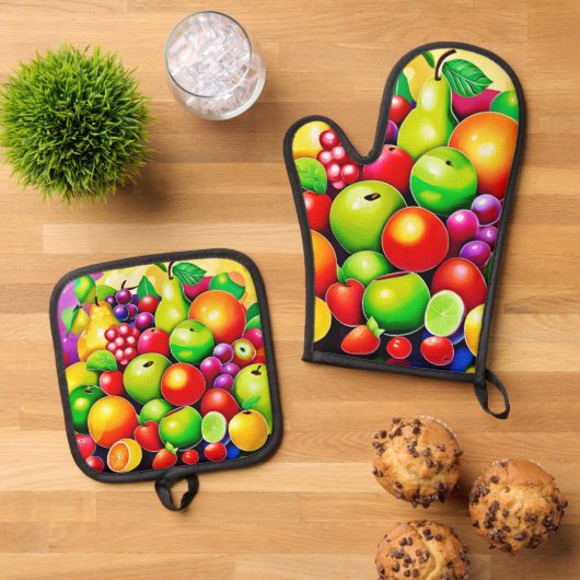 Levendige Fruit Medley Art Ovenwant & Pannenlap Set (Top down)