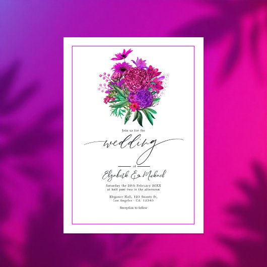 Levendige Fuchsia moderne bruiloft foto QR-code Kaart