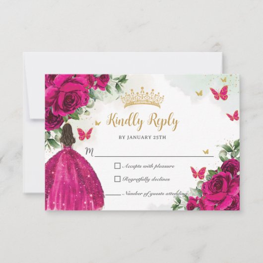 Levendige Fuchsia Roze Bloemen Prinses Quinceañera RSVP Kaartje (Voorkant)