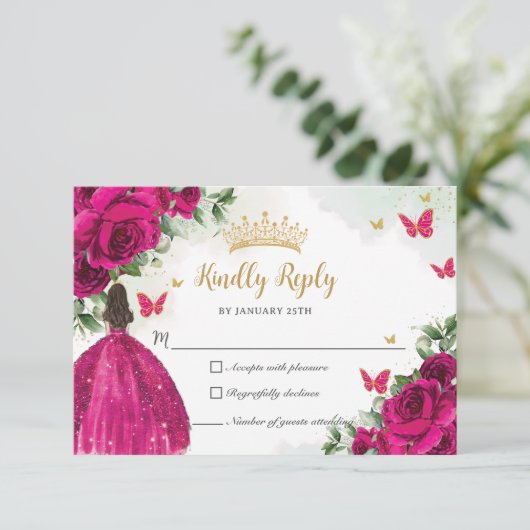 Levendige Fuchsia Roze Bloemen Prinses Quinceañera RSVP Kaartje (Staand voorkant)