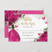 Levendige Fuchsia Roze Bloemen Prinses Quinceañera RSVP Kaartje (Voorkant / Achterkant)