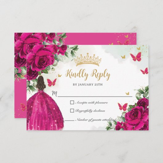 Levendige Fuchsia Roze Bloemen Prinses Quinceañera RSVP Kaartje (Voorkant / Achterkant)