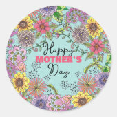 Levendige Gedetailleerde Doodle Bloemen Moederdag Ronde Sticker (Voorkant)
