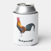 Levendige gekleurde haan met vermelding van Strut  Blikjeskoeler (Blikje Achterkant)