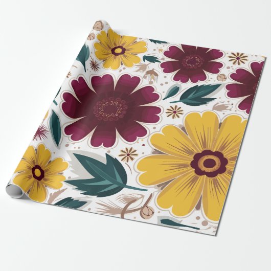 Levendige gele en bordeauxrode bloemen cadeaupapier (Uitgerold)