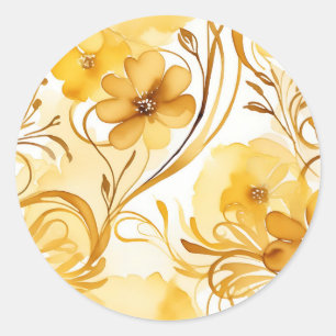 Levendige Gele en Gouden Waterverf Bloemen Ronde Sticker
