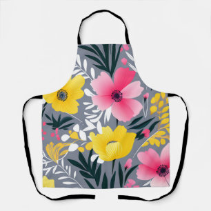 Levendige gele en roze bloemen op grijs schort