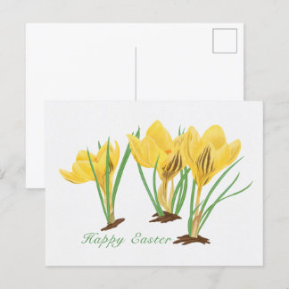 Levendige gele krokusbloemen Gelukkig Pasen Feestdagenkaart