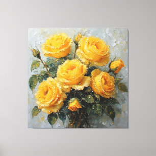 Levendige gele rozen met dauw Olie Schilderij Canvas Afdruk