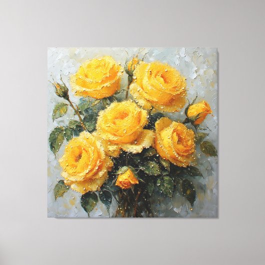 Levendige gele rozen met dauw Olie Schilderij Canvas Afdruk (Voorkant)