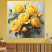 Levendige gele rozen met dauw Olie Schilderij Canvas Afdruk (Insitu (Woonkamer))
