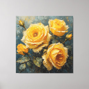 Levendige Gele Rozen met Dauwolieverfschilderij Canvas Afdruk