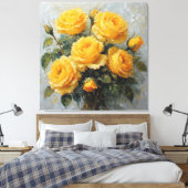 Levendige gele rozen met dauwolieverfschilderij canvas afdruk (Insitu (Slaapkamer))