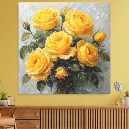 Levendige gele rozen met dauwolieverfschilderij canvas afdruk (Insitu (Woonkamer))