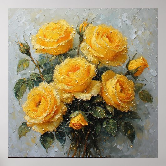 Levendige gele rozen met dauwolieverfschilderij poster (Voorkant)