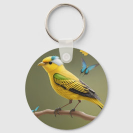 Levendige gele vogel neergestreken te midden van v sleutelhanger