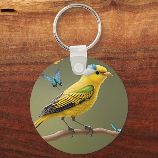 Levendige gele vogel neergestreken te midden van v sleutelhanger (Achterkant)