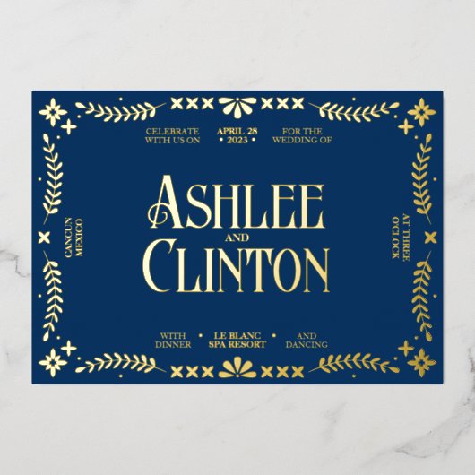 Levendige geloften: een Spaans folk bruiloft goud Folie Uitnodiging (Voorkant)