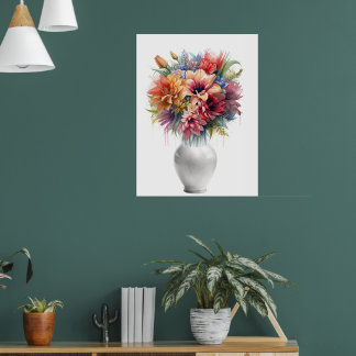 Levendige gemengde media lelieboeket in vaas kunst poster
