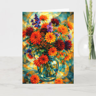 Levendige geometrische dahlia-boeket kaart