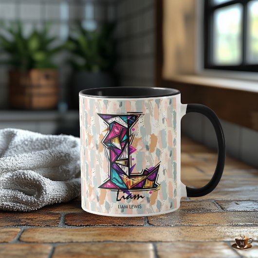 Levendige geometrische monogrammok - L voor Liam Mok